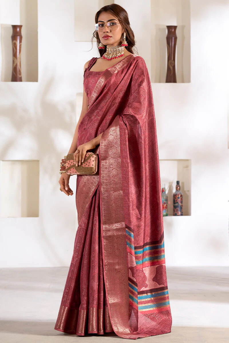 Comely Maroon Digital Printed Dola Silk Saree With Arresting Blouse Piece - Image 3