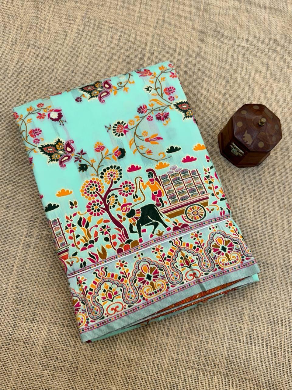 Comely Sky Pashmina Saree With Blooming Blouse Piece - Image 2