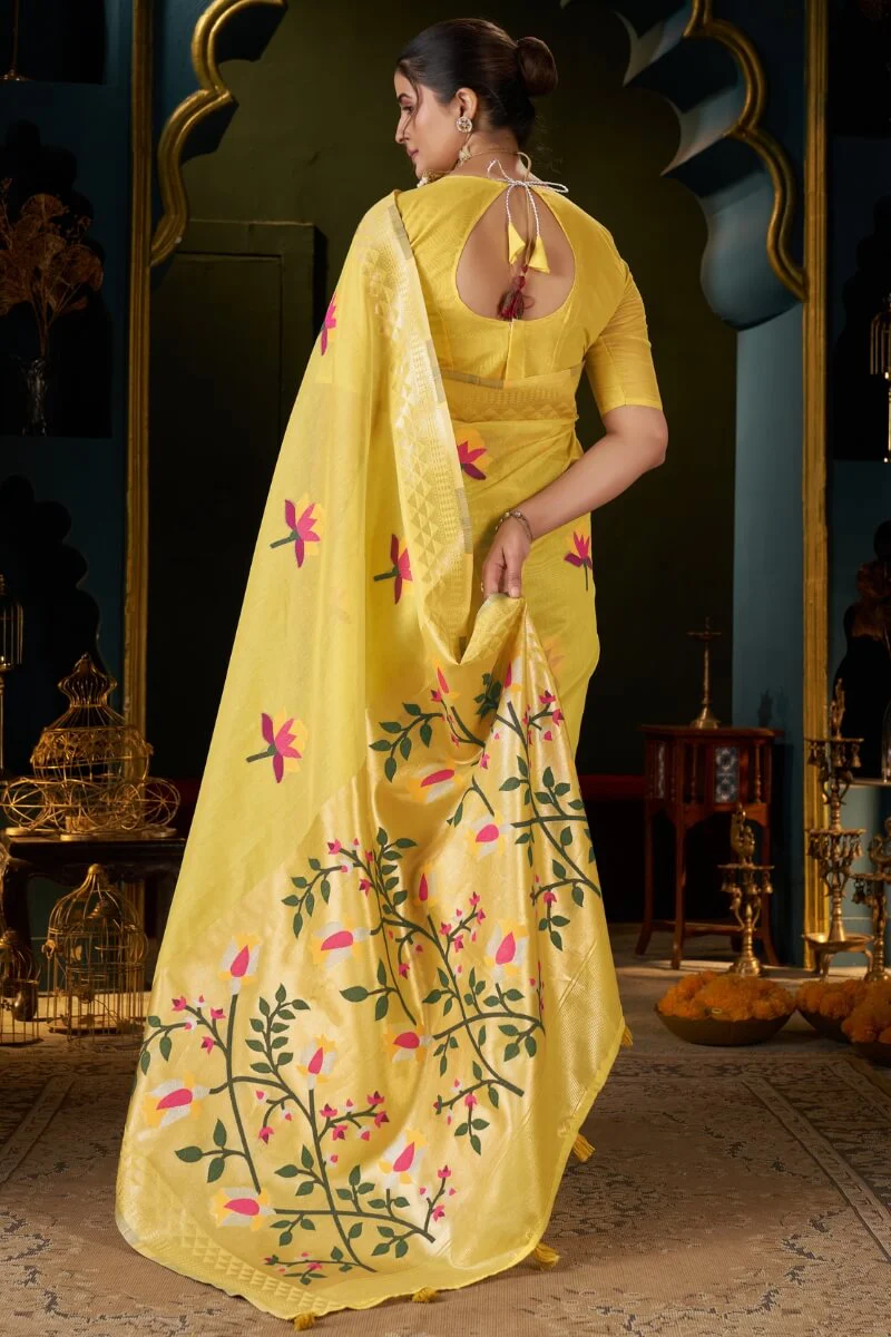 Comely Yellow Cotton Silk Saree With Flameboyant Blouse Piece - Image 6