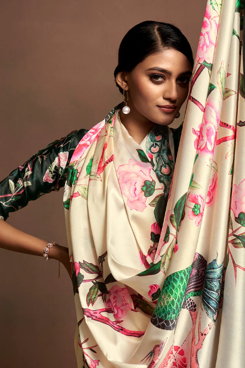 Conflate Beige Digital Printed Satin Silk Saree With Beauteous Blouse Piece - Image 3