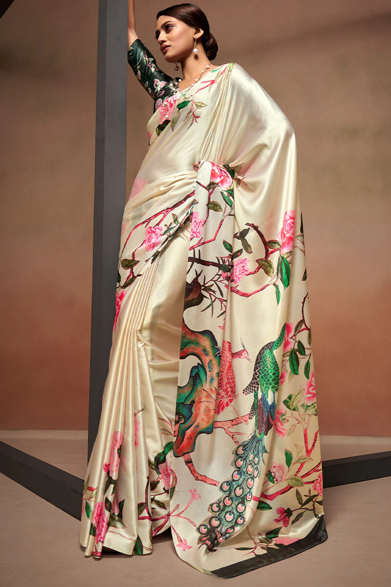 Conflate Beige Digital Printed Satin Silk Saree With Beauteous Blouse Piece - Image 4