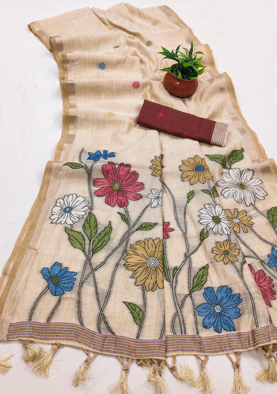 Conflate Beige Pure Munga Cotton Silk Saree With Innovative Blouse Piece - Image 2