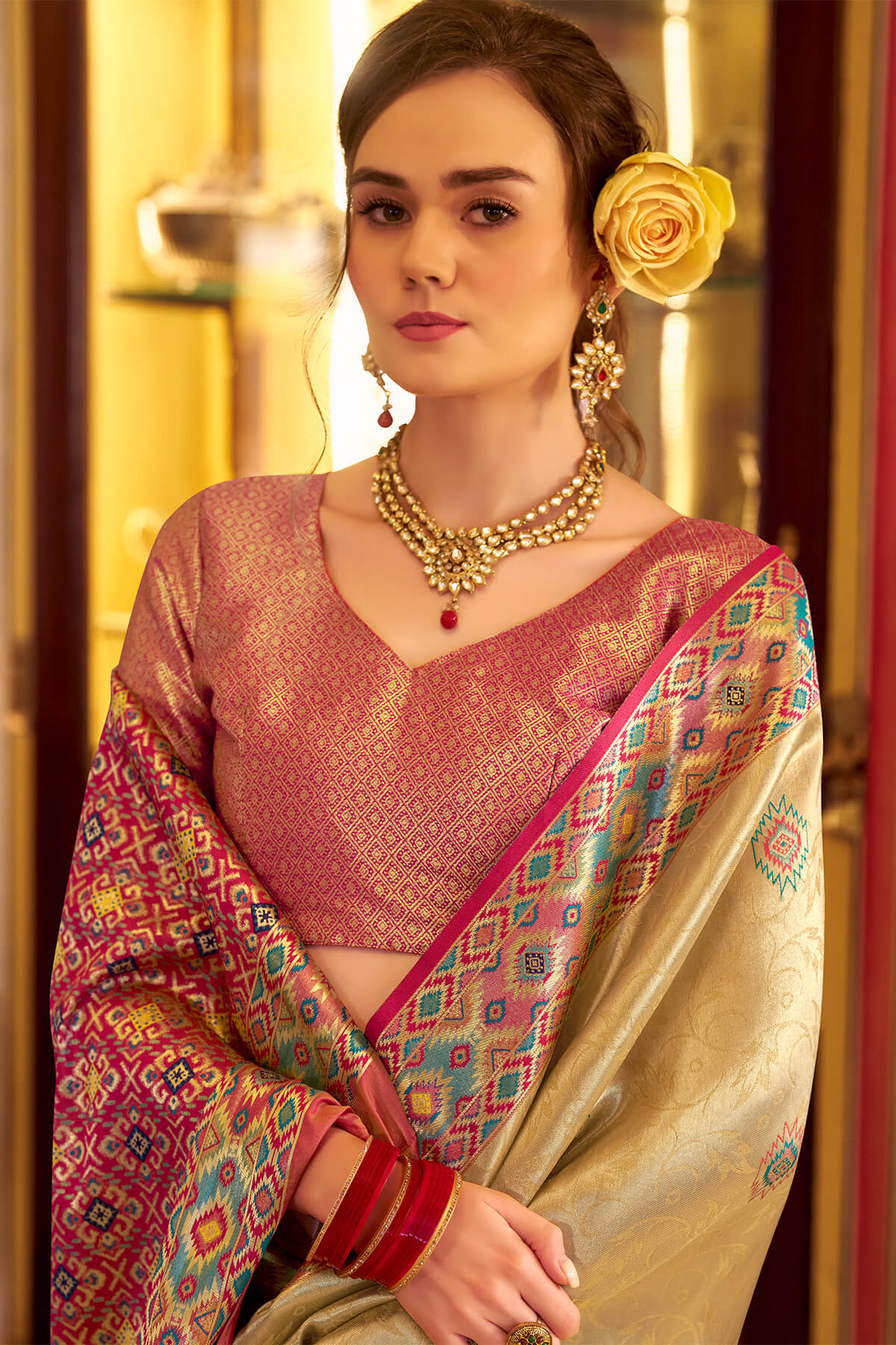Conflate Beige Tissue Patola Silk Saree with Supernal Blouse Piece - Image 2