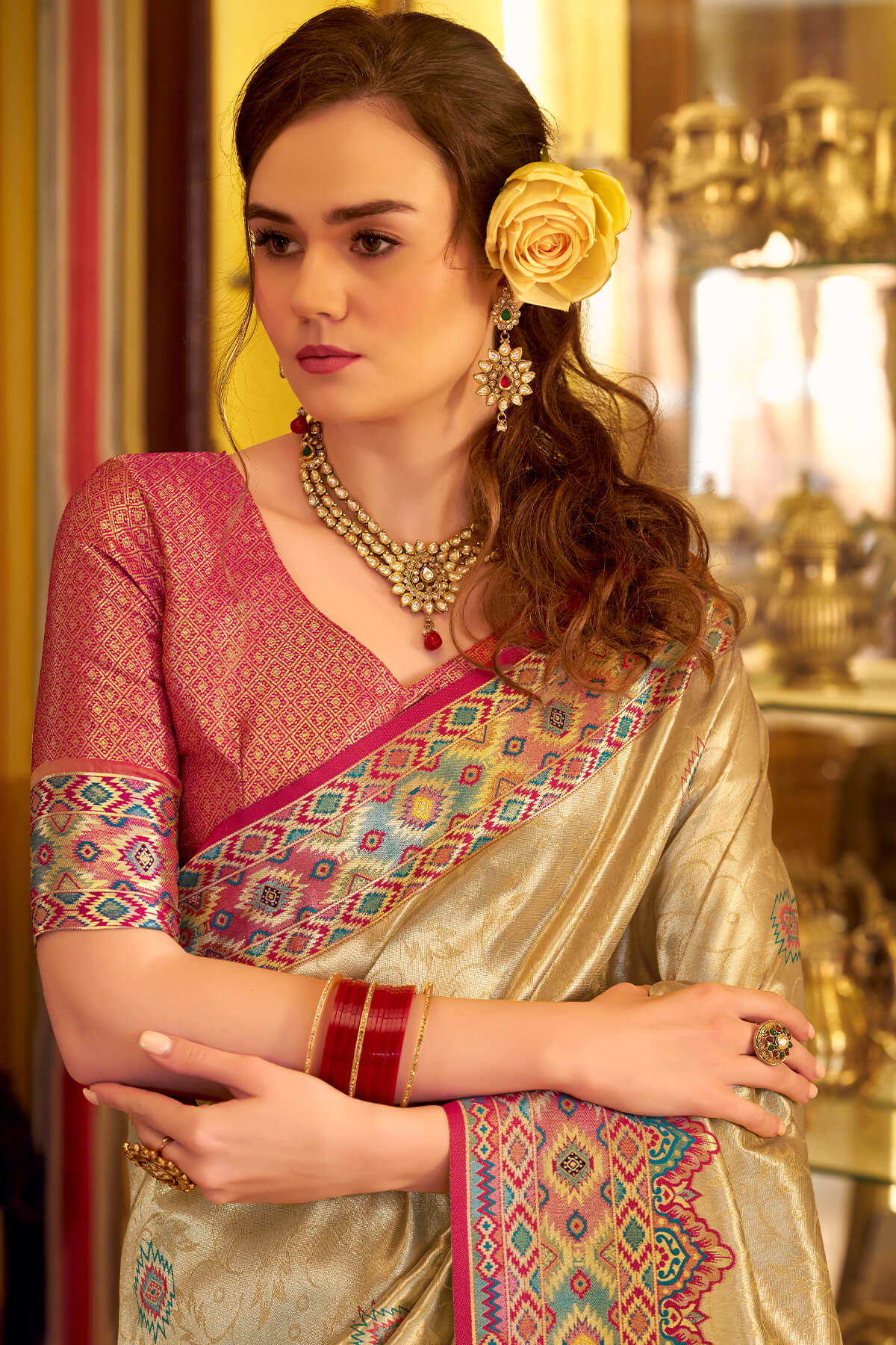 Conflate Beige Tissue Patola Silk Saree with Supernal Blouse Piece - Image 4