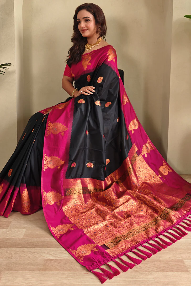 Conflate Black Soft Banarasi Silk Saree With Fragrant Blouse Piece - Image 2