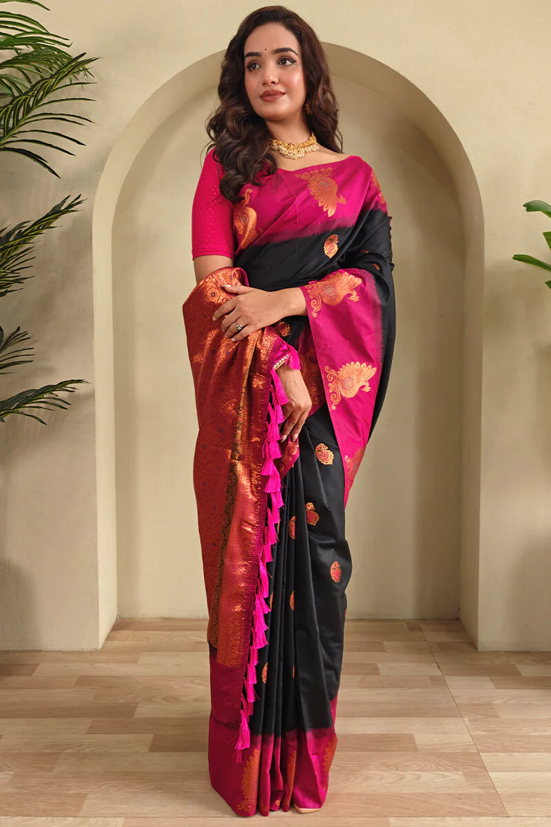 Conflate Black Soft Banarasi Silk Saree With Fragrant Blouse Piece - Image 3