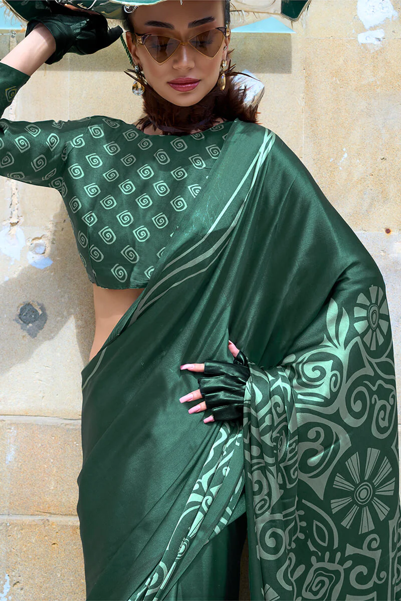 Conflate Dark Green Digital Printed Satin Silk Saree With Angelic Blouse Piece - Image 2
