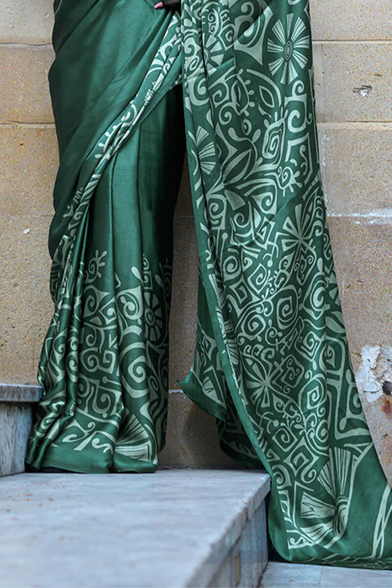 Conflate Dark Green Digital Printed Satin Silk Saree With Angelic Blouse Piece - Image 3