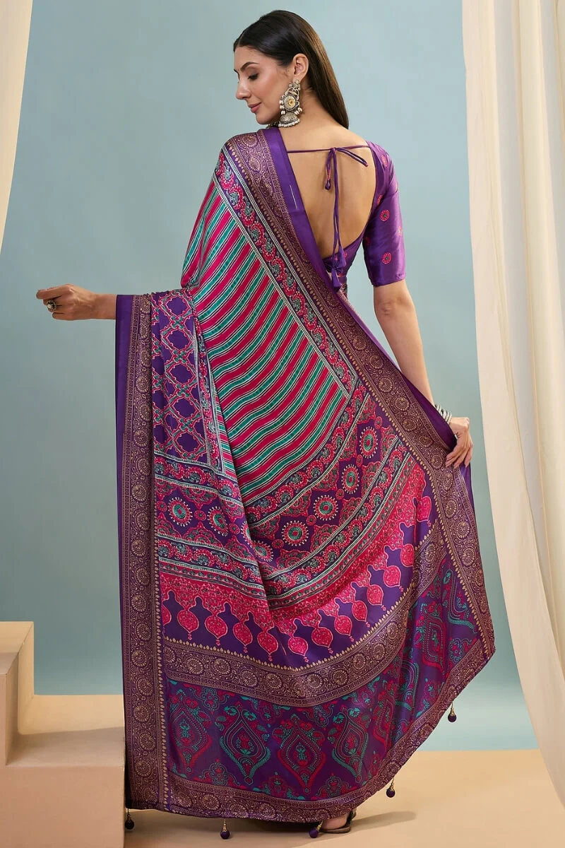 Conflate Purple Ajrakh Printed Semi Modal Silk Saree With Fantabulous Blouse Piece - Image 7