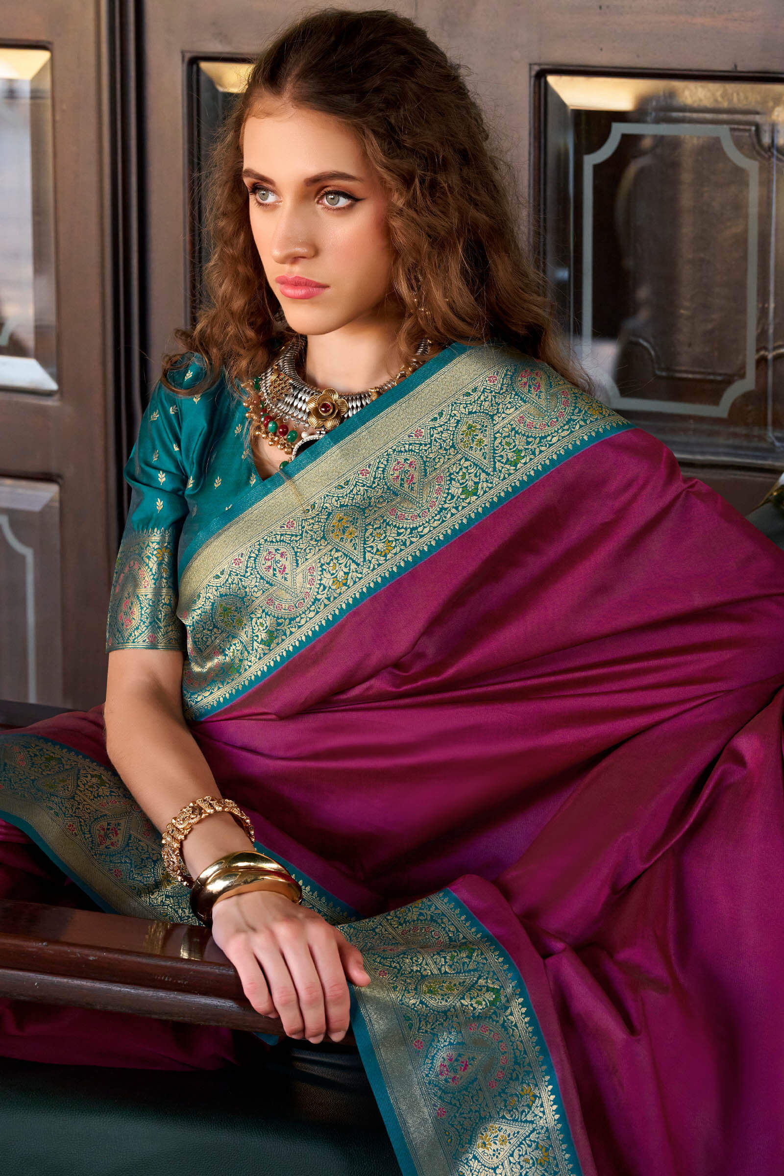 Conflate Wine Soft Banarasi Silk Saree With Ornate Blouse Piece - Image 4