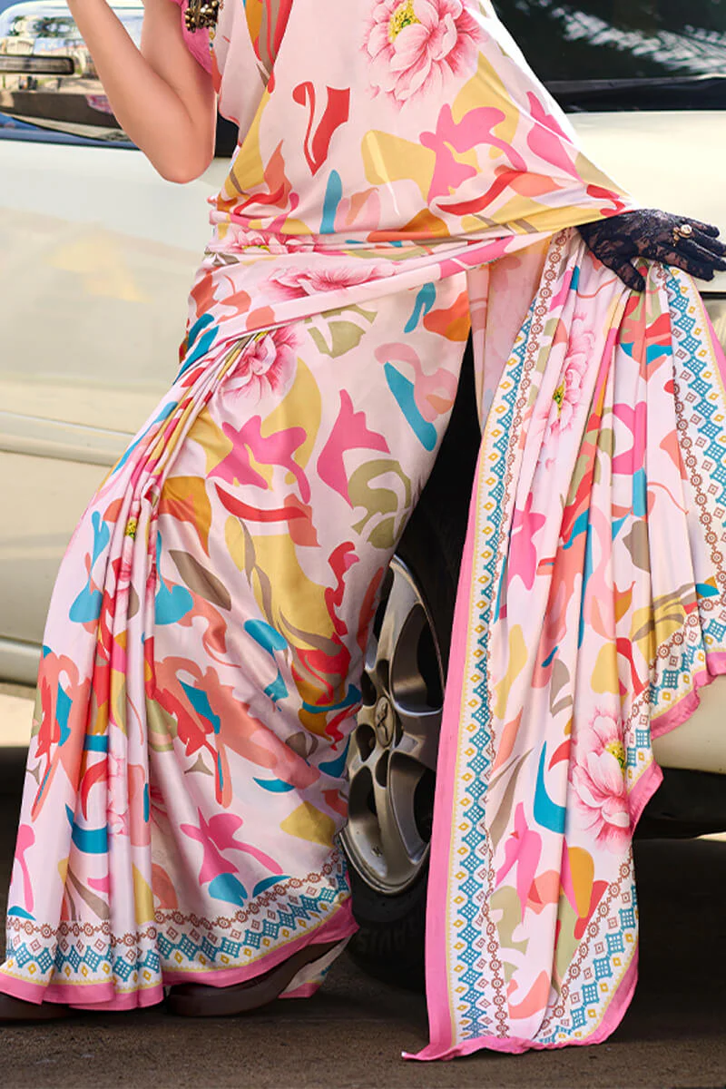 Confounding Baby Pink Digital Printed Satin Silk Saree With Felicitous Blouse Piece - Image 3