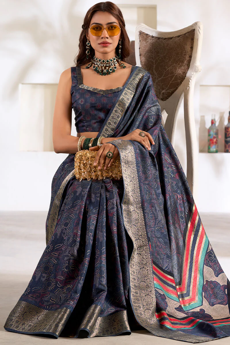Confounding Blue Digital Printed Dola Silk Saree With Vivacious Blouse Piece - Image 3