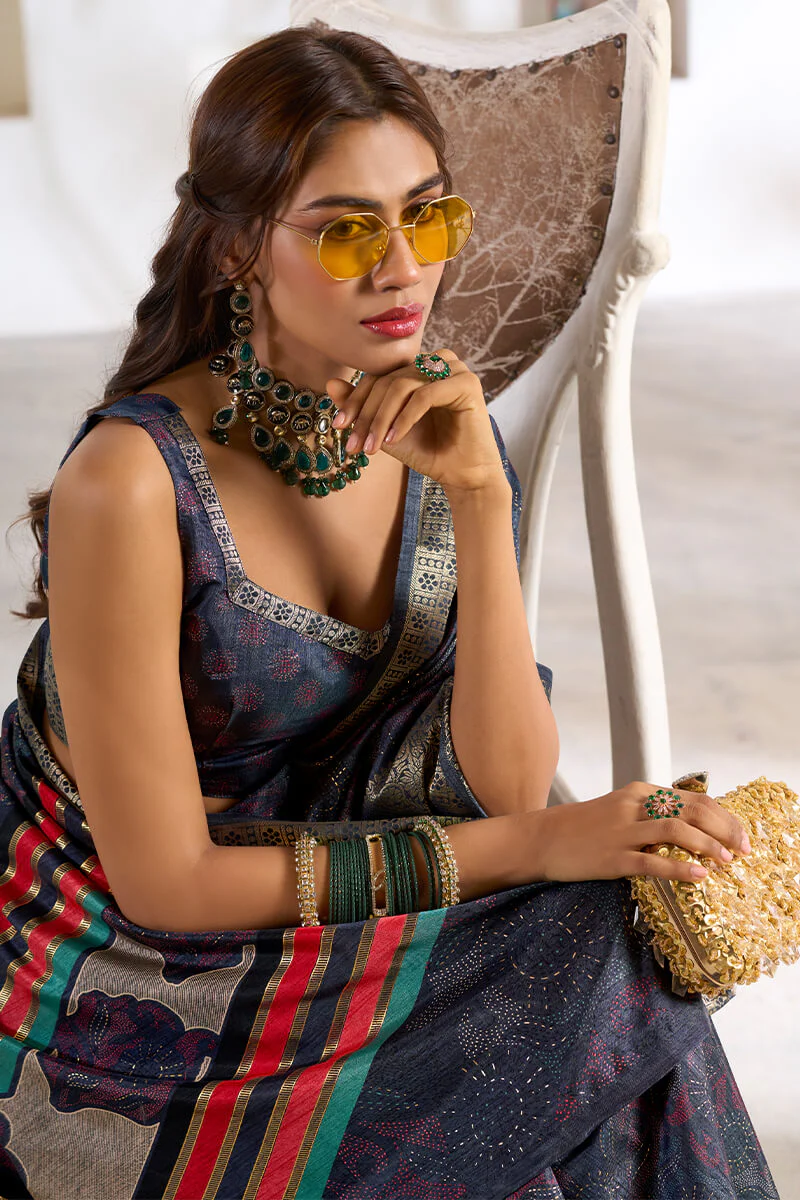 Confounding Blue Digital Printed Dola Silk Saree With Vivacious Blouse Piece - Image 4