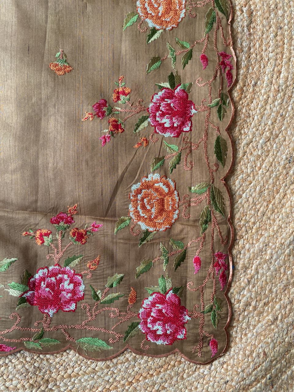 Confounding Dark Beige Embroidery Work Tussar Silk Saree With Diaphanous Blouse Piece - Image 3