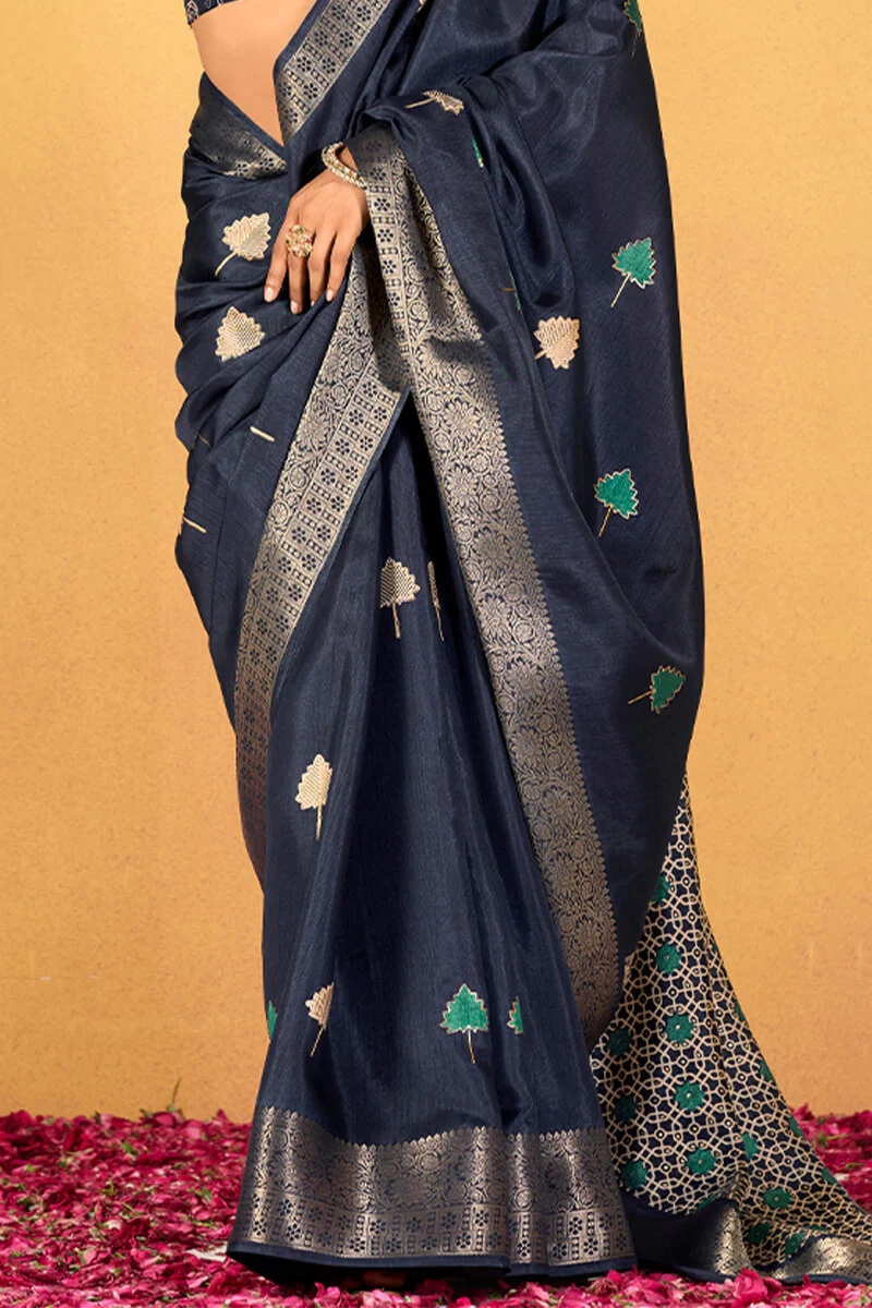 Confounding Navy Blue Foil Printed Dola Silk Saree With Ratatouille Blouse Piece - Image 3