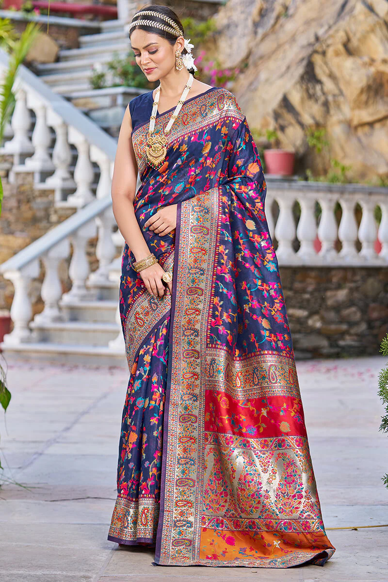 Confounding Navy Blue Pashmina saree With Snazzy Blouse Piece - Image 4