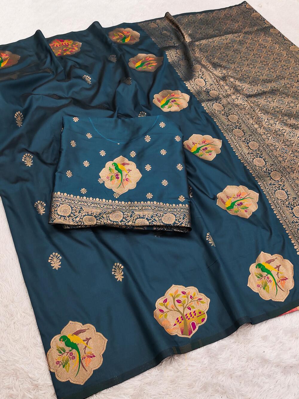 Confounding Navy Blue Pure Zari Weaving Banarasi Silk Saree With Diaphanous Blouse Piece