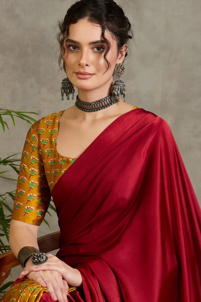 Confounding Red Ajrakh Printed Semi Modal Silk Saree With Brood Blouse Piece - Image 2