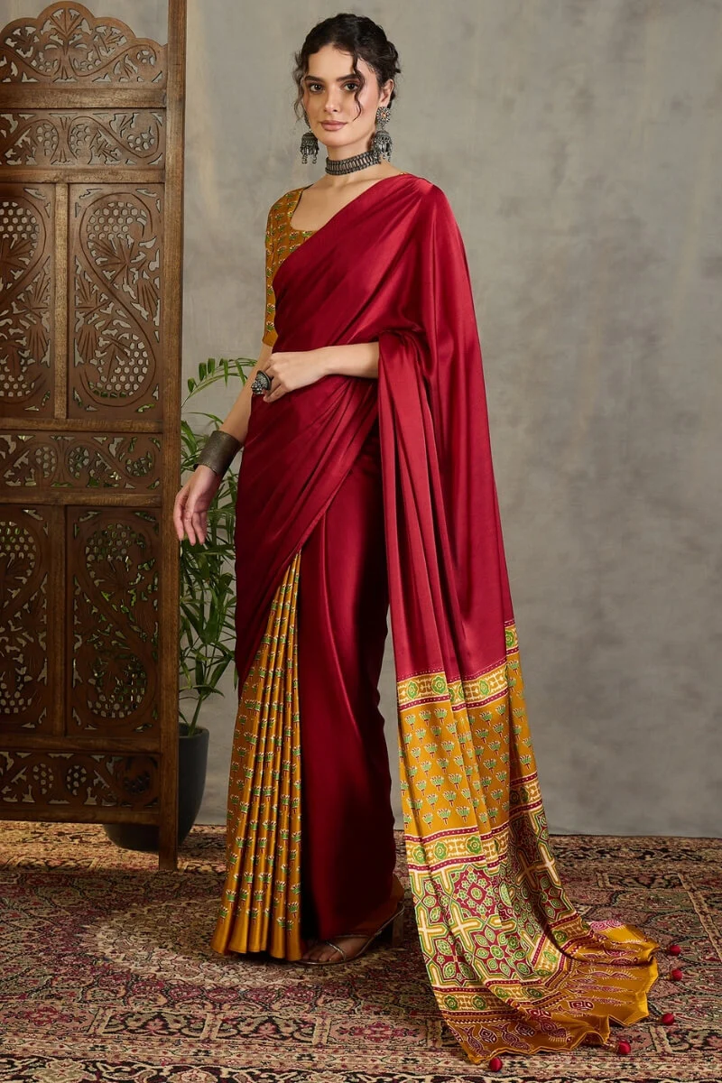 Confounding Red Ajrakh Printed Semi Modal Silk Saree With Brood Blouse Piece - Image 5