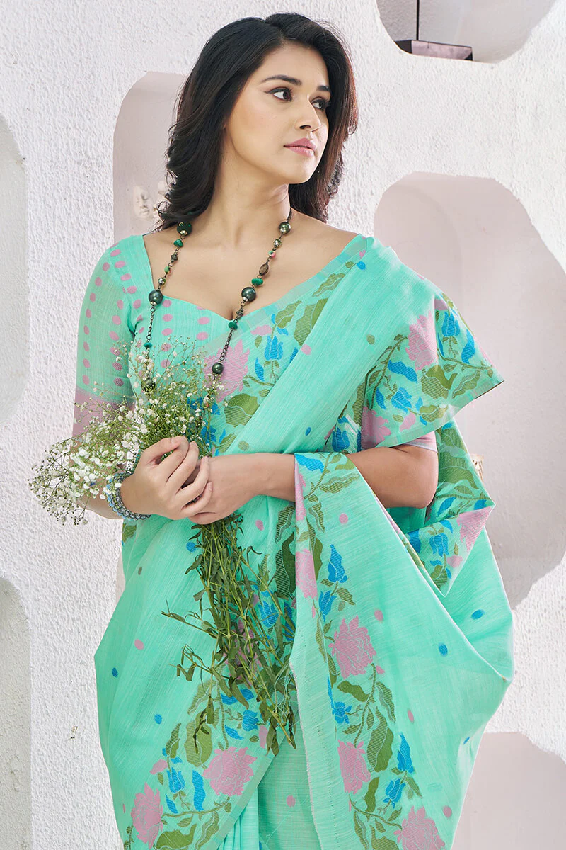 Confounding Sea Green Cotton Silk Saree With Artistic Blouse Piece - Image 2
