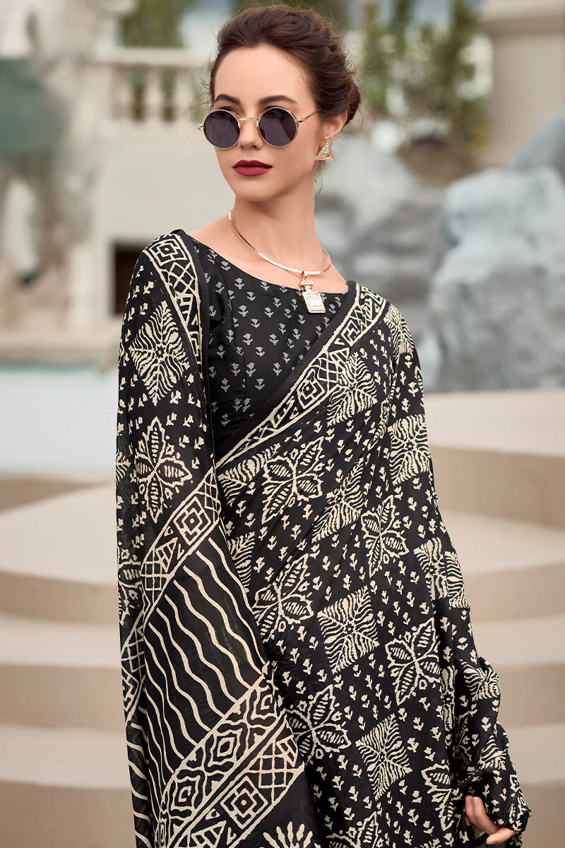 Cynosure Black Printed Mul Cotton Saree With Beleaguer Blouse Piece - Image 2