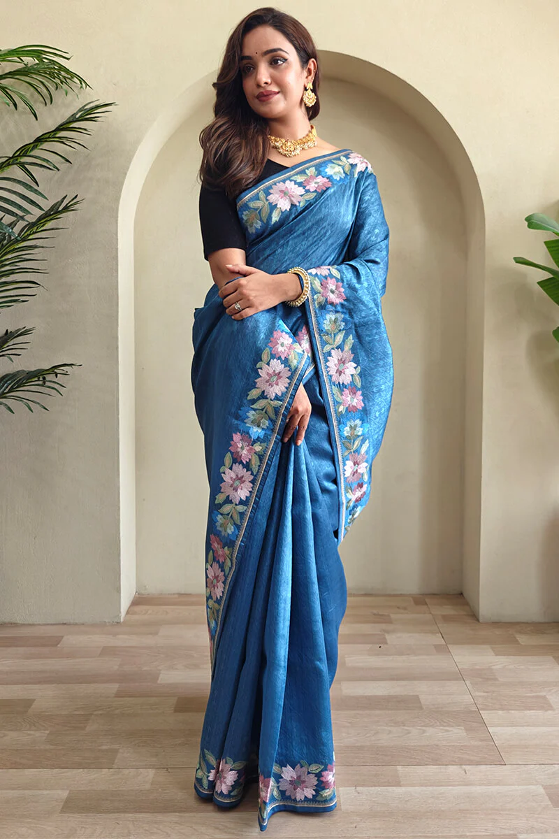Cynosure Blue Embroidery Work Tussar Silk Saree With Classy Blouse Piece - Image 3