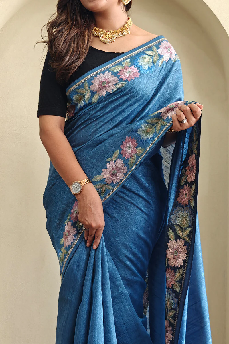 Cynosure Blue Embroidery Work Tussar Silk Saree With Classy Blouse Piece - Image 4