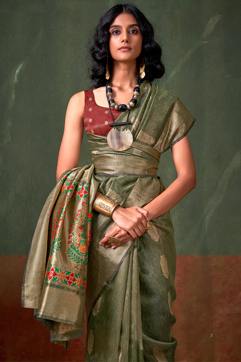 Cynosure Green Paithani Pure Tissue Silk Saree With Bewitching Blouse Piece - Image 2