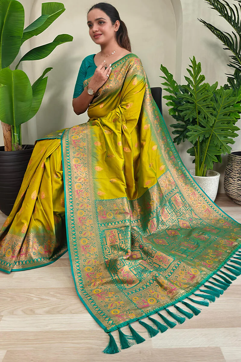 Cynosure Mehndi Soft Banarasi Silk Saree With Glowing Blouse Piece - Image 3
