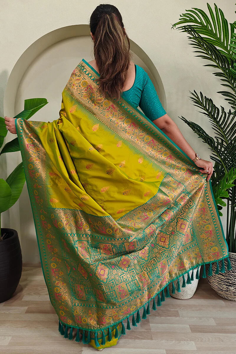 Cynosure Mehndi Soft Banarasi Silk Saree With Glowing Blouse Piece - Image 4