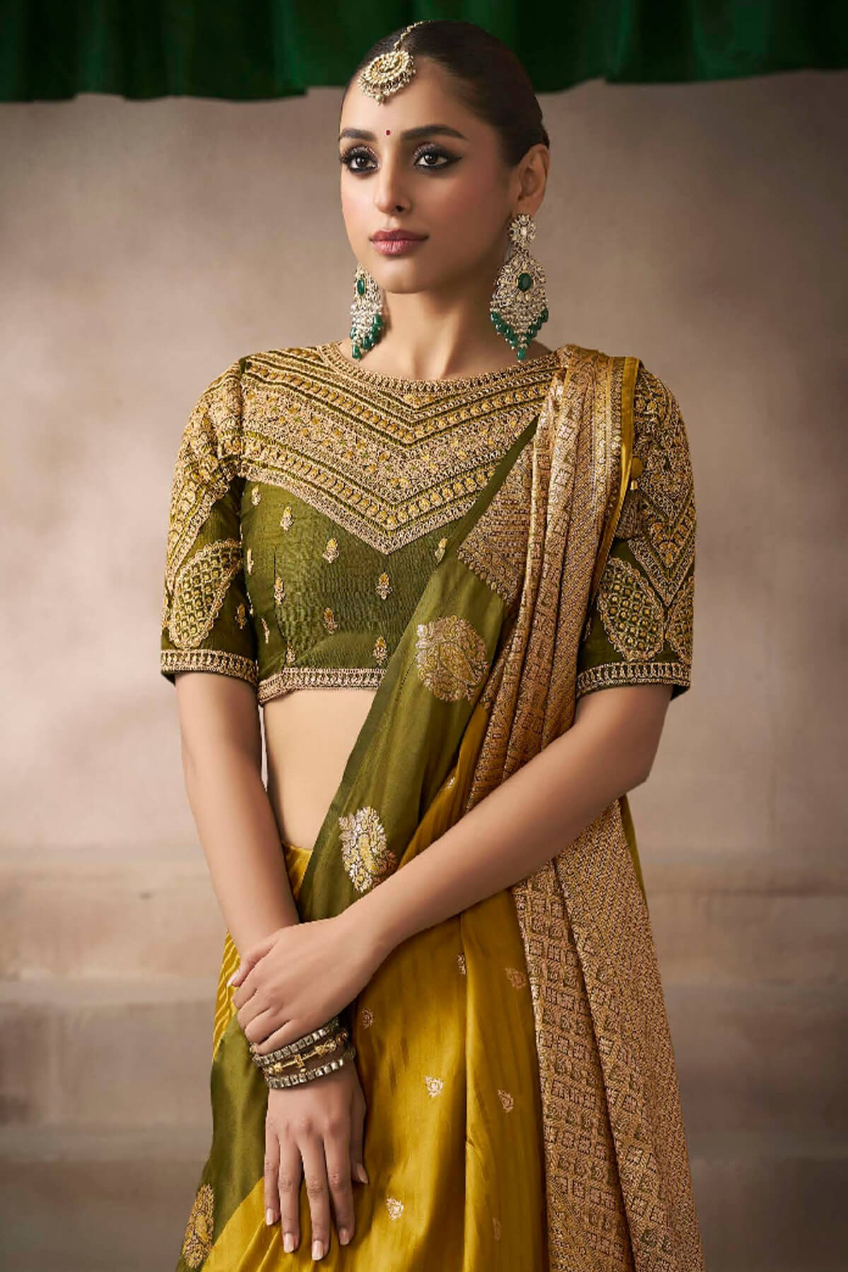 Cynosure Mustard Banarasi Satin Silk Saree With Imaginative Blouse - Image 2