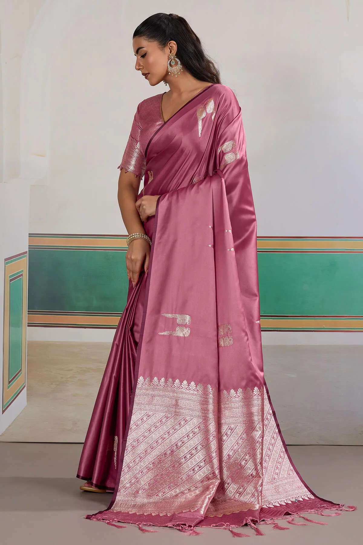 Cynosure Pink Banarasi Satin Silk Saree With Rhapsody Blouse - Image 3