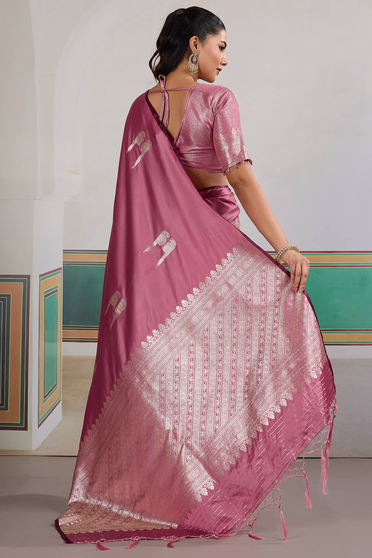 Cynosure Pink Banarasi Satin Silk Saree With Rhapsody Blouse - Image 6