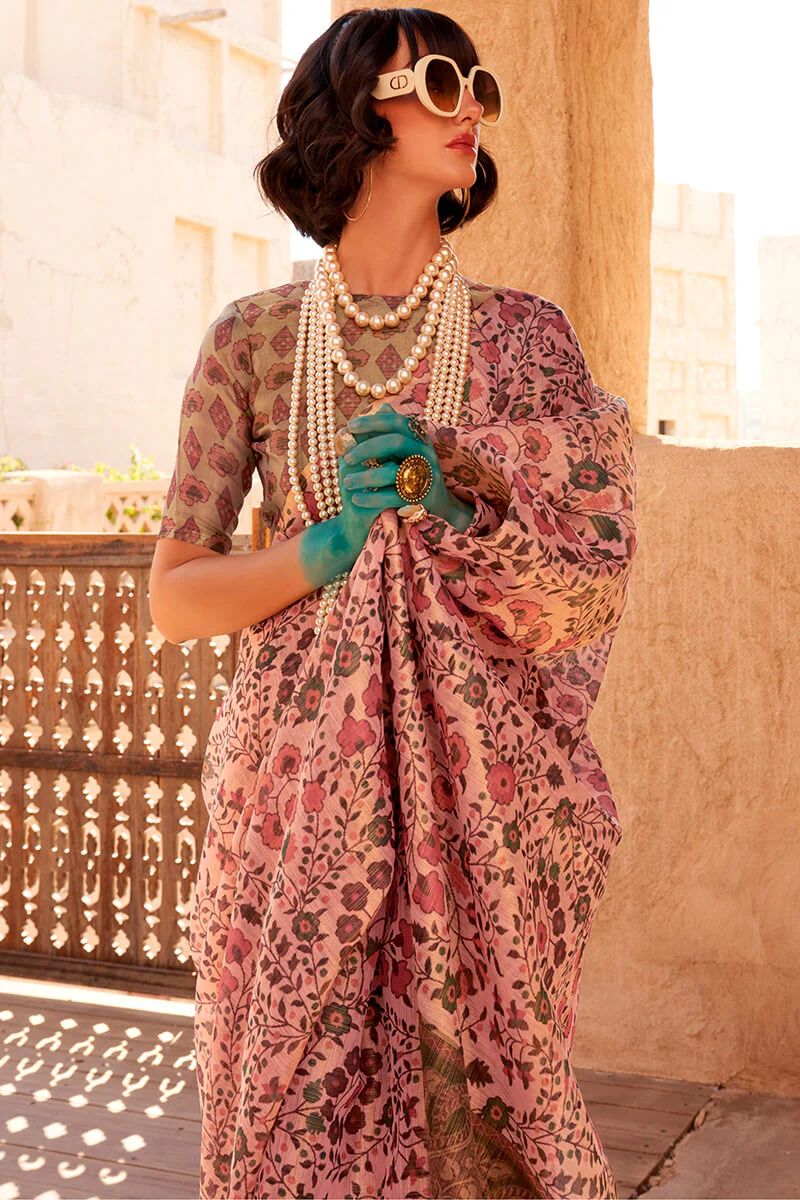 Cynosure Pink Digital Printed Tissue Silk Saree With Imbrication Blouse Piece - Image 2