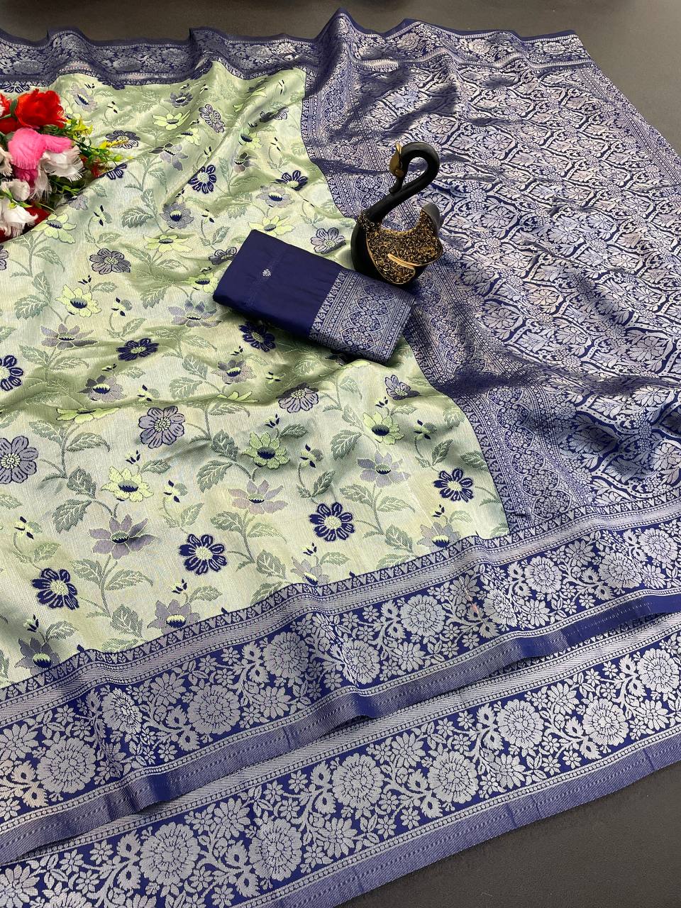 Cynosure Pista Soft Banarasi Tissue Silk Saree With Majesty Blouse Piece - Image 2