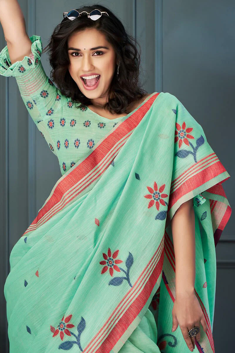 Cynosure Sea Green Cotton Silk Saree With Eloquence Blouse Piece - Image 2