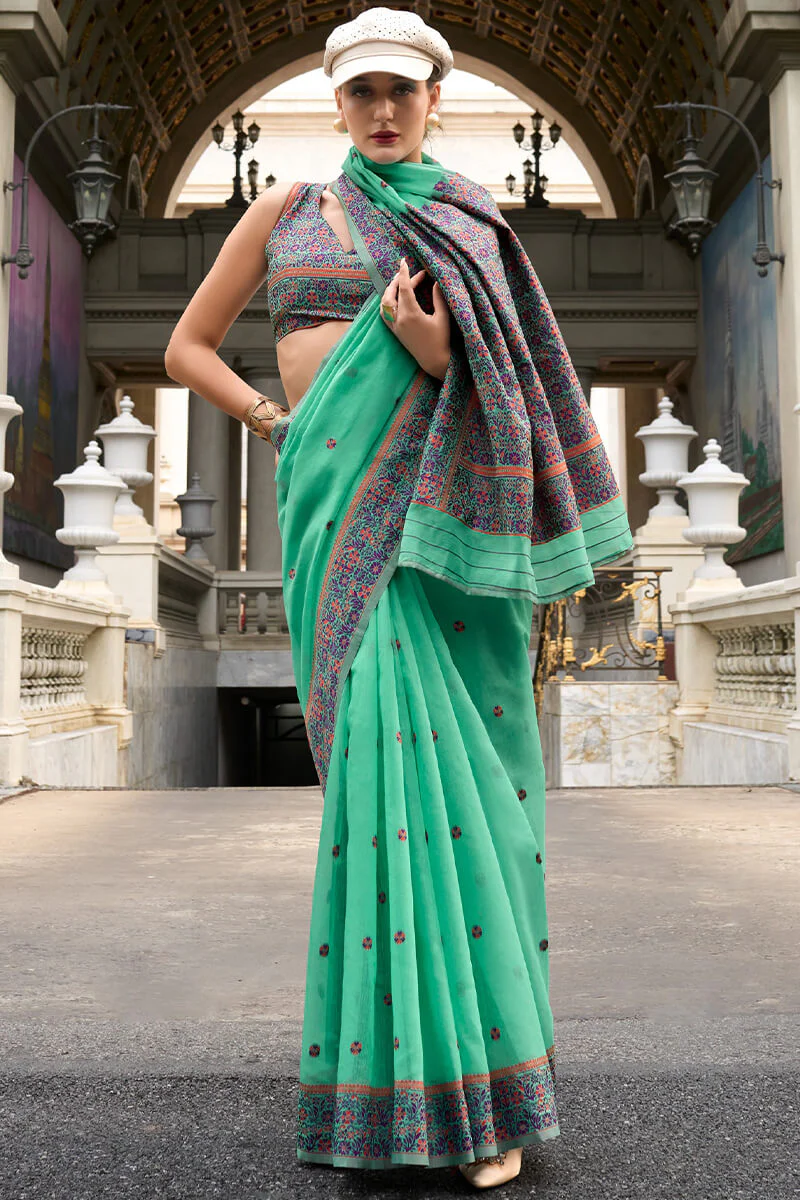 Cynosure Sea Green Cotton Silk Saree With Mellifluous Blouse Piece - Image 4
