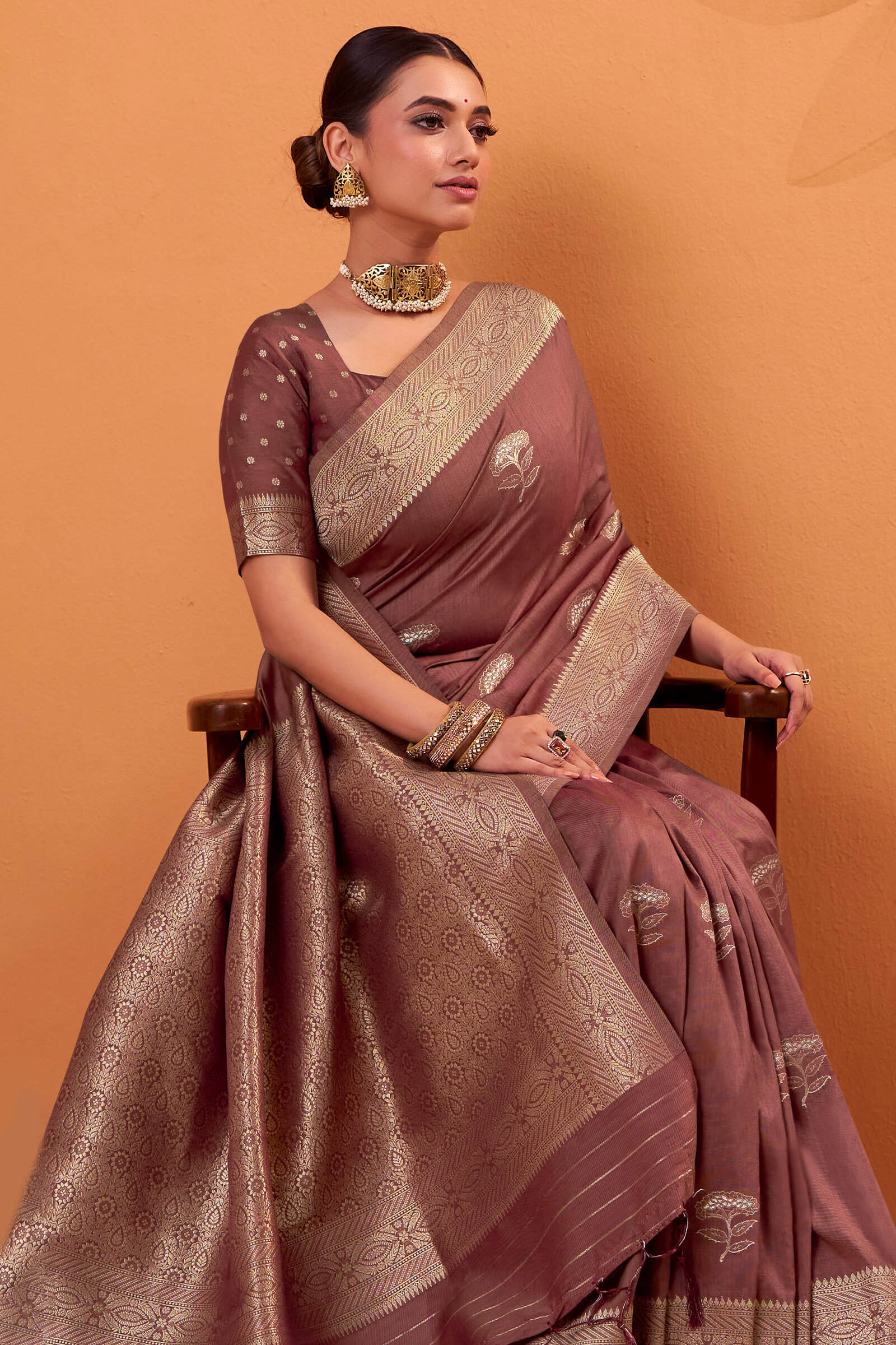 Dalliance Brown Banarasi Tussar Silk Saree With Demesne Blouse Piece - Image 3