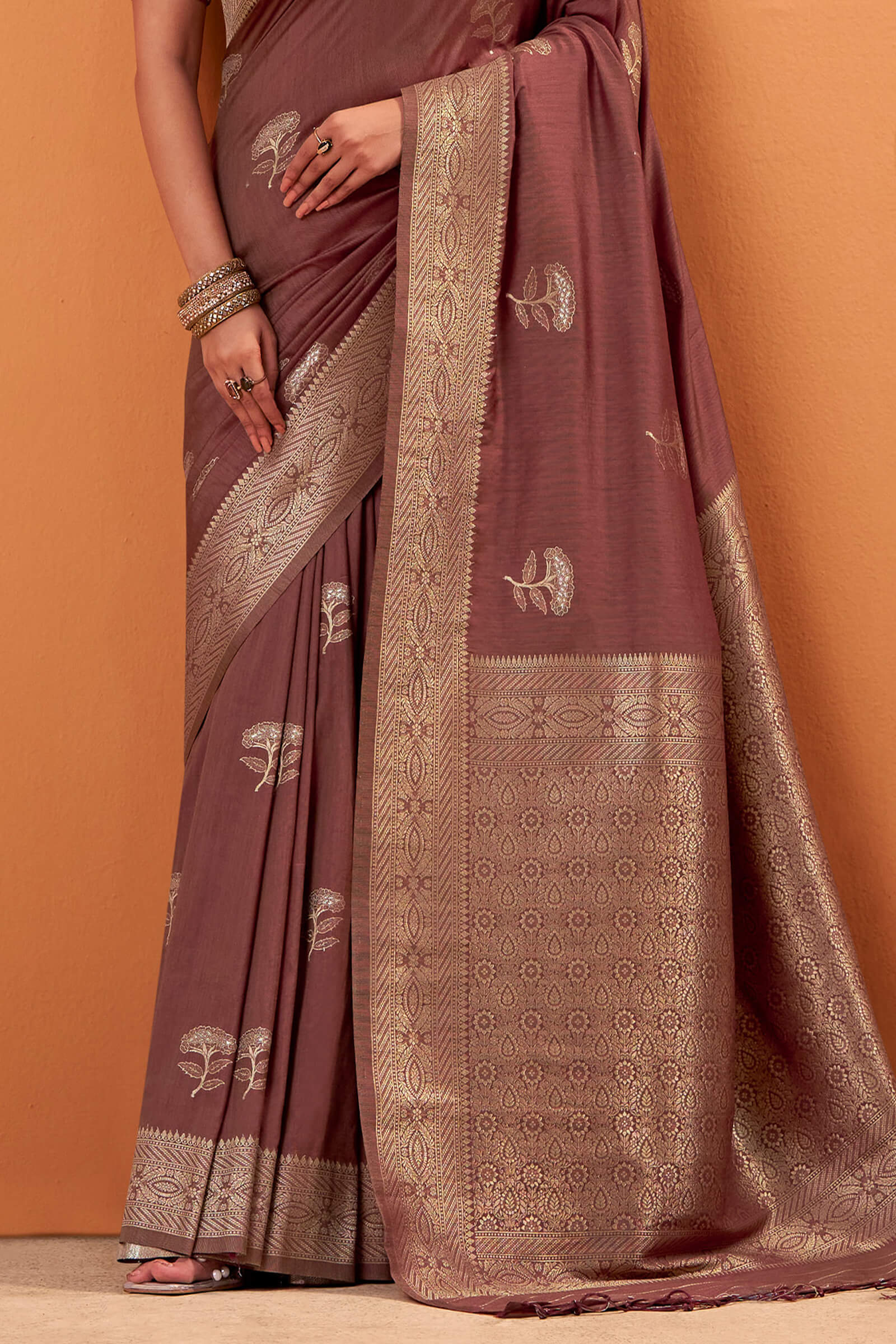 Dalliance Brown Banarasi Tussar Silk Saree With Demesne Blouse Piece - Image 4