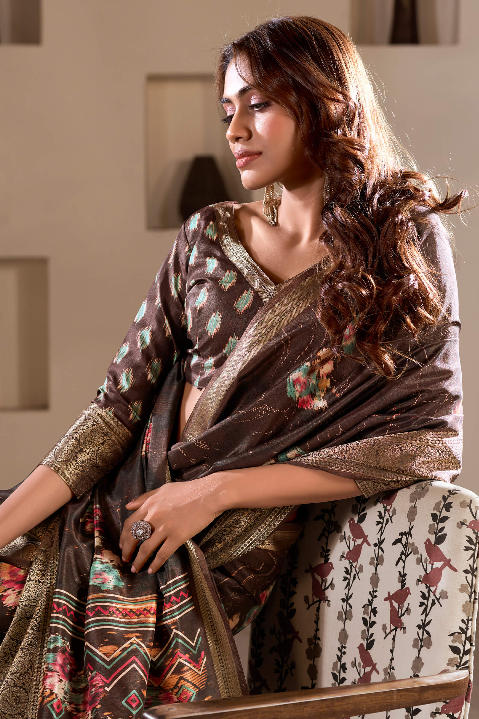 Dalliance Brown Digital Printed Dola Silk Saree With Sonorous Blouse Piece - Image 2