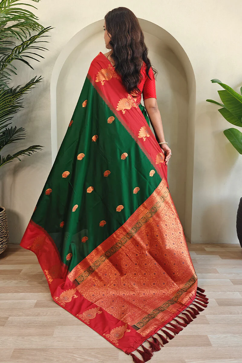 Dalliance Dark Green Soft Banarasi Silk Saree With Jubilant Blouse Piece - Image 4