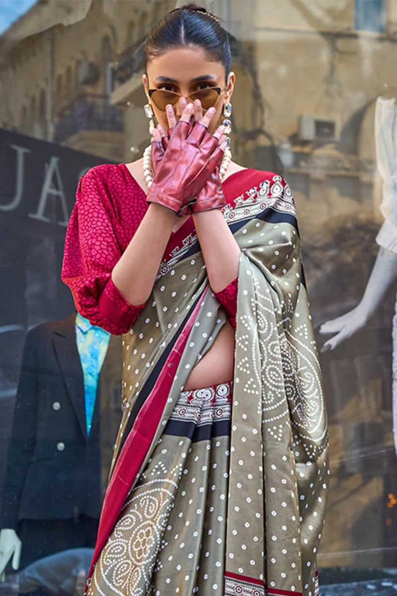 Dalliance Grey Digital Printed Satin Silk Saree With Demesne Blouse Piece - Image 2