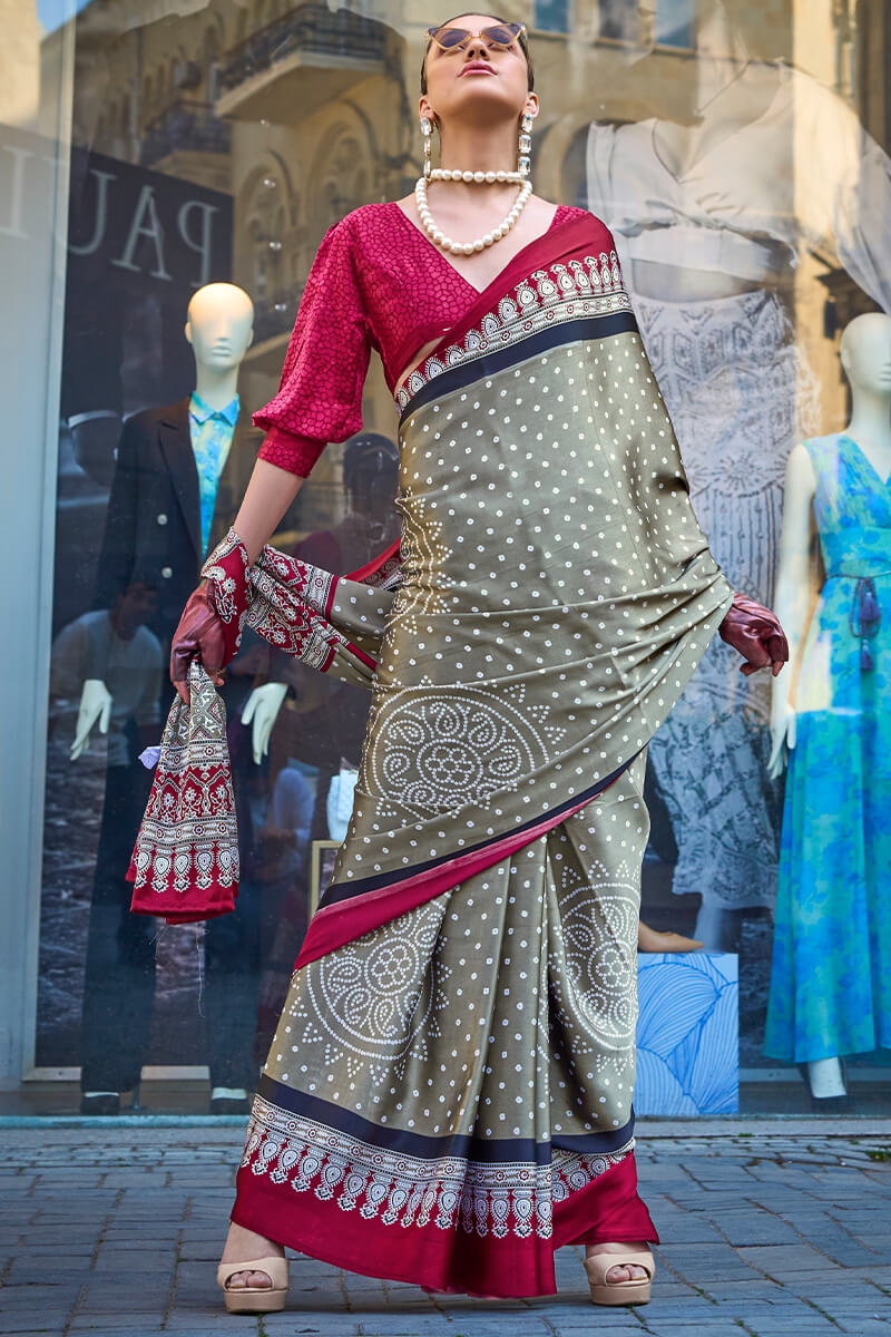 Dalliance Grey Digital Printed Satin Silk Saree With Demesne Blouse Piece - Image 3
