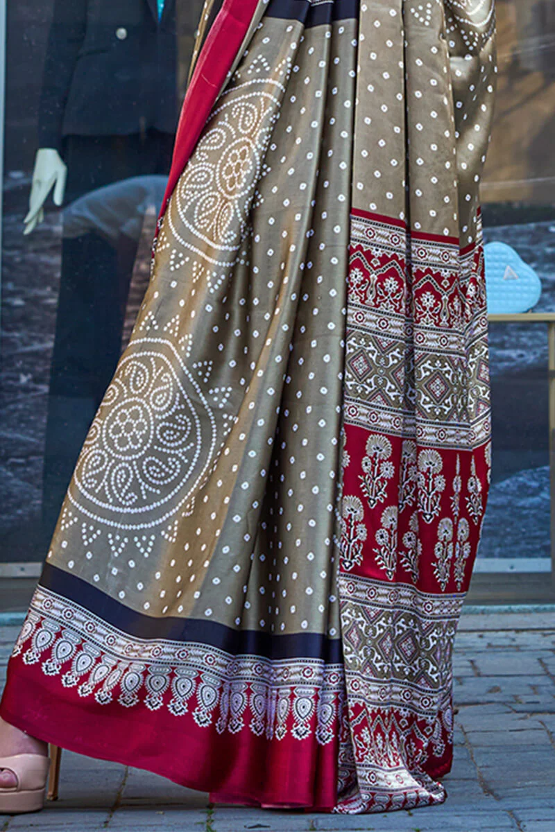 Dalliance Grey Digital Printed Satin Silk Saree With Demesne Blouse Piece - Image 4