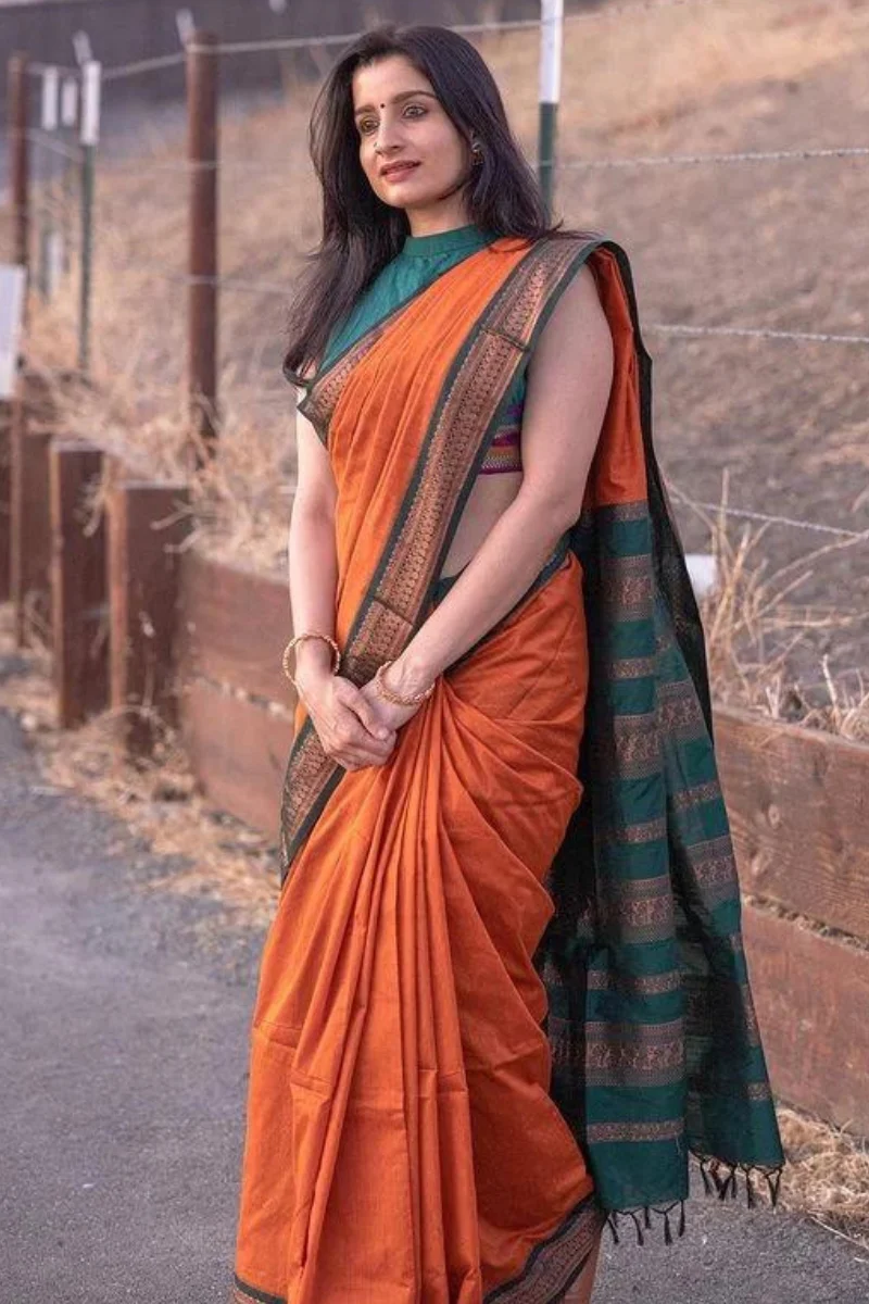 Dalliance Orange Soft Silk Saree With Nectarous Blouse Piece - Image 3