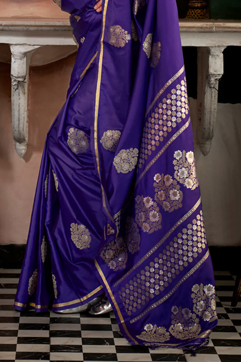 Dalliance Purple Banarasi Satin Silk Saree With Ephemeral Blouse - Image 3