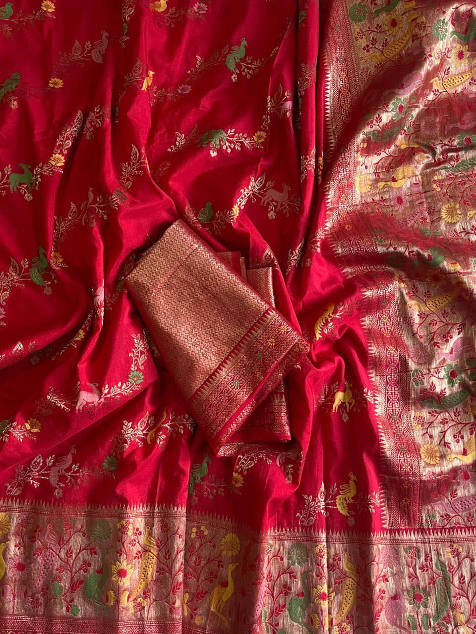 Dalliance Red Soft Banarasi Silk Saree With Posh Blouse Piece - Image 2