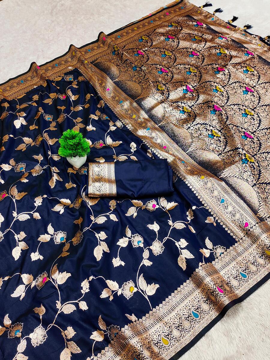 Dazzling Navy Blue Pure Zari Weaving Banarasi Silk Saree With Super classy Blouse Piece