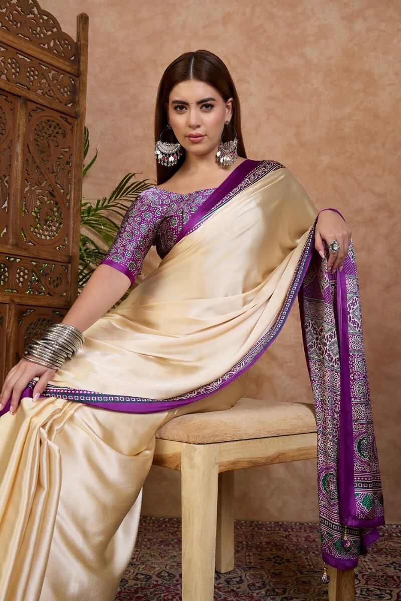 Dazzling Off White Ajrakh Printed Semi Modal Silk Saree With Dulcet Blouse Piece - Image 2