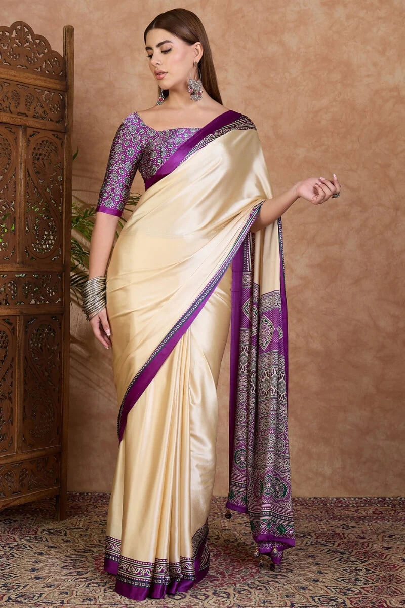 Dazzling Off White Ajrakh Printed Semi Modal Silk Saree With Dulcet Blouse Piece - Image 3